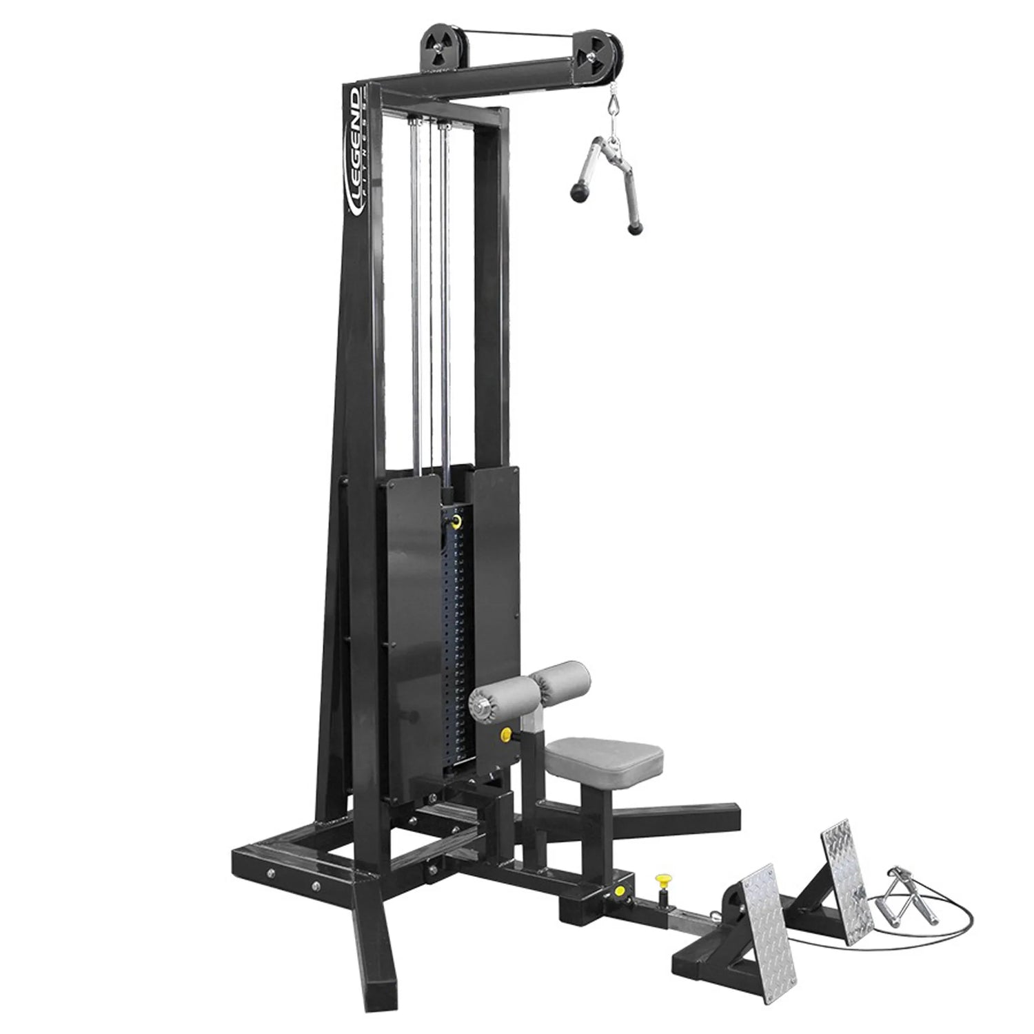 A lat pulldown floor row gym machine on a white background