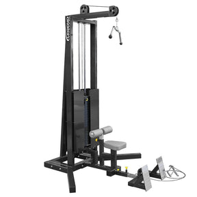 A lat pulldown floor row gym machine on a white background