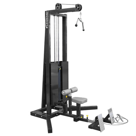 A lat pulldown floor row gym machine on a white background