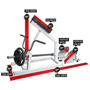 An incline lever row gym machine with dimensions on a white background