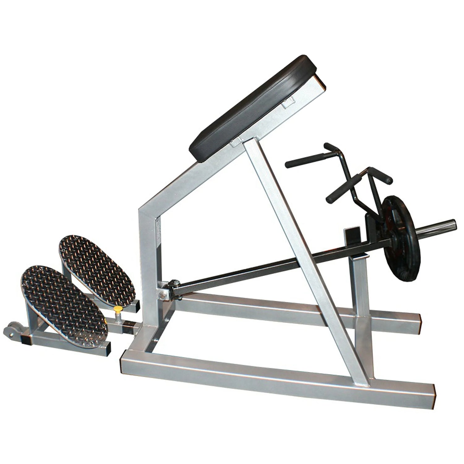 An incline lever row gym machine on a white background