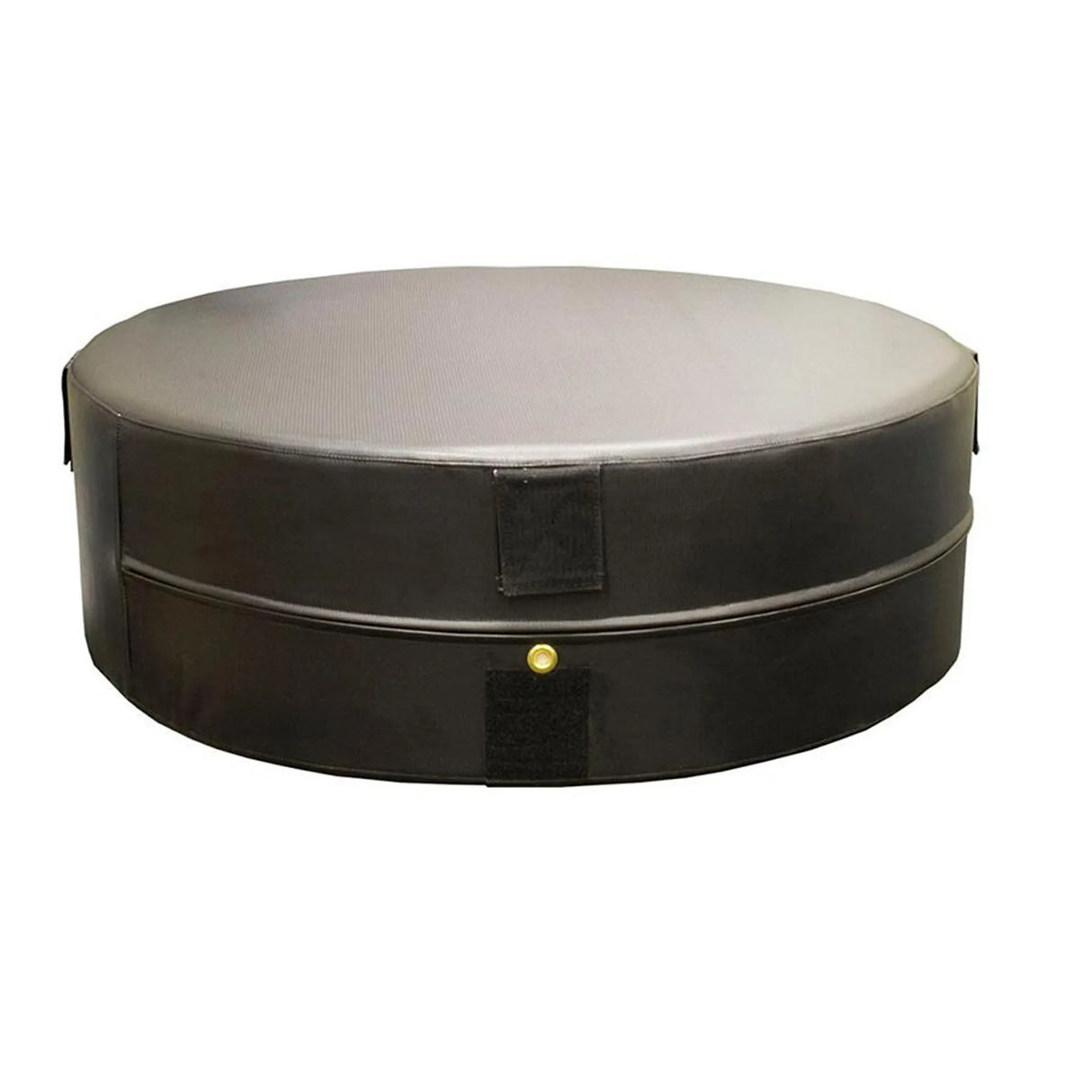 A black round plyometric cushion in a gym setting