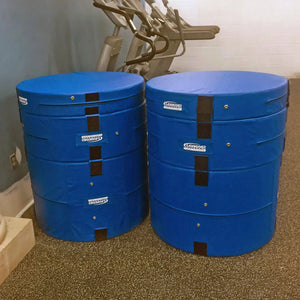 Two side by side blue round plyometric cushions in a gym setting