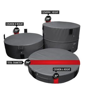 Three gray round plyometric cushions on a white background with red measurement labels and dimensions