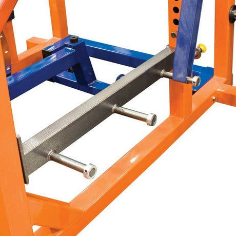 Weightlifting rack with a gray safety arm with band pegs sticking out the sides on a white background