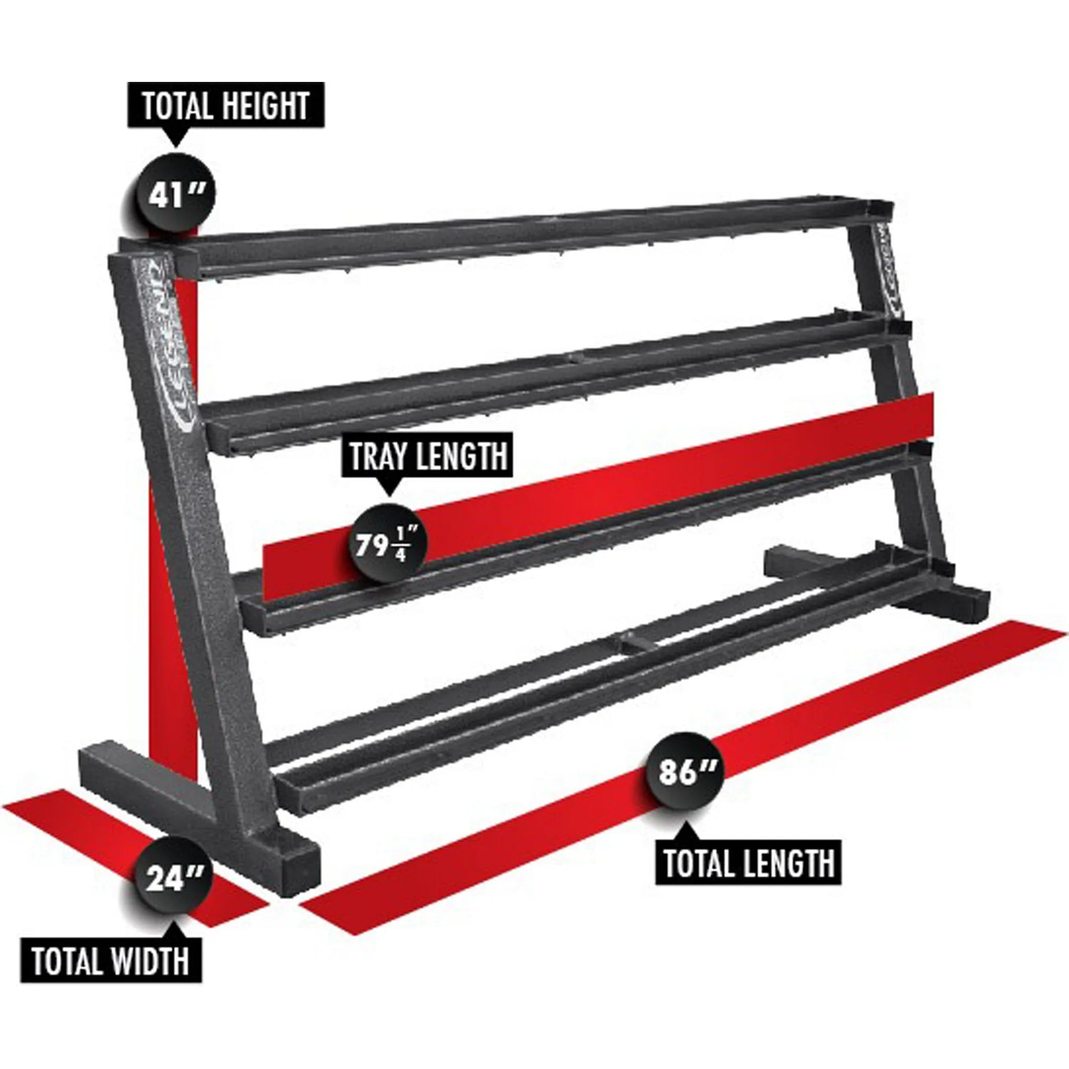 A black dumbbell storage rack with four tiers and red dimensions and measurements