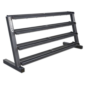 A four-tier black metal weight rack on a white background