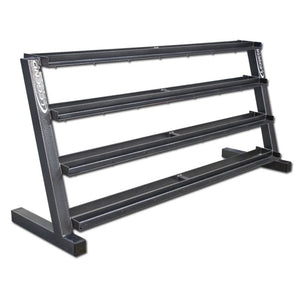 A four-tier black metal weight rack on a white background