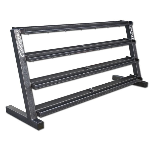 A four-tier black metal weight rack on a white background