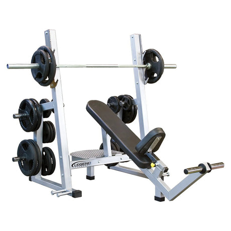A black and white incline Olympic bench press on a white background.