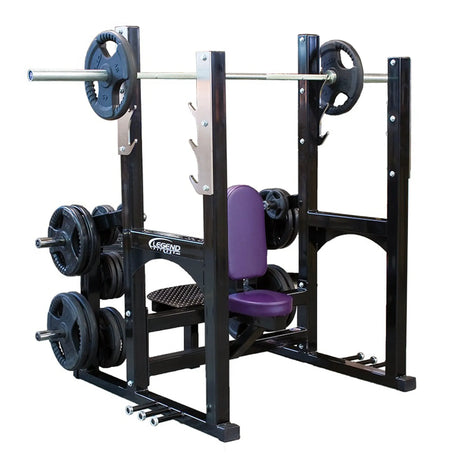 A black and purple shoulder press weightlifting bench on a white background.