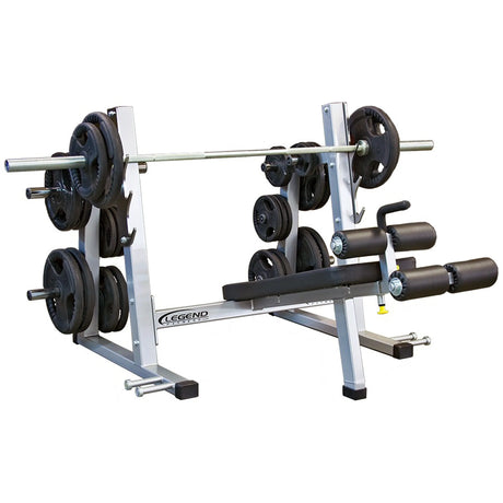 A decline Olympic bench press with plates and barbell on a white background