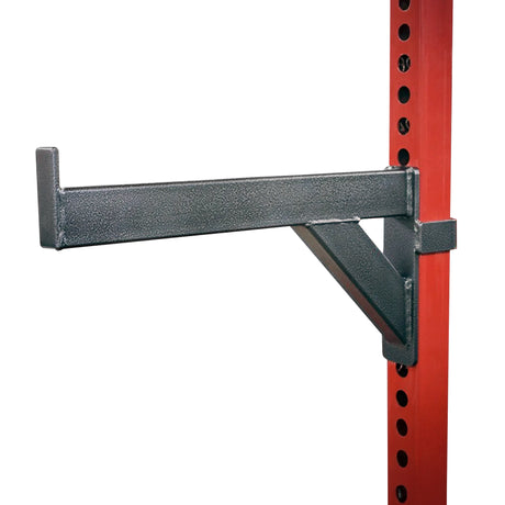 Black and silver spotter arm mounted on a red rack upright with a white background
