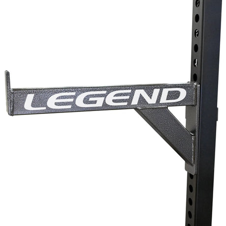 Black and silver spotter arm with 'Legend' branding on it mounted on a black rack upright with a white background