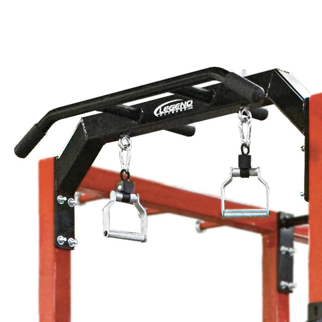 Metal pull-up handles hanging from a squat rack pull-up bar