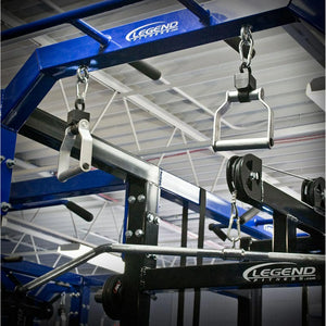 Metal pull-up handles hanging from a squat rack pull-up bar