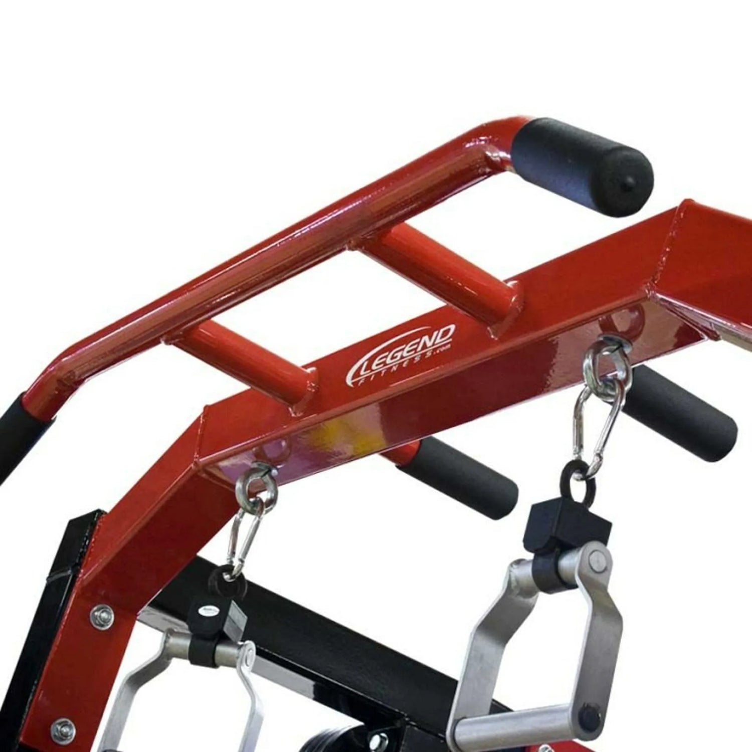 Metal pull-up handles hanging from a squat rack pull-up bar