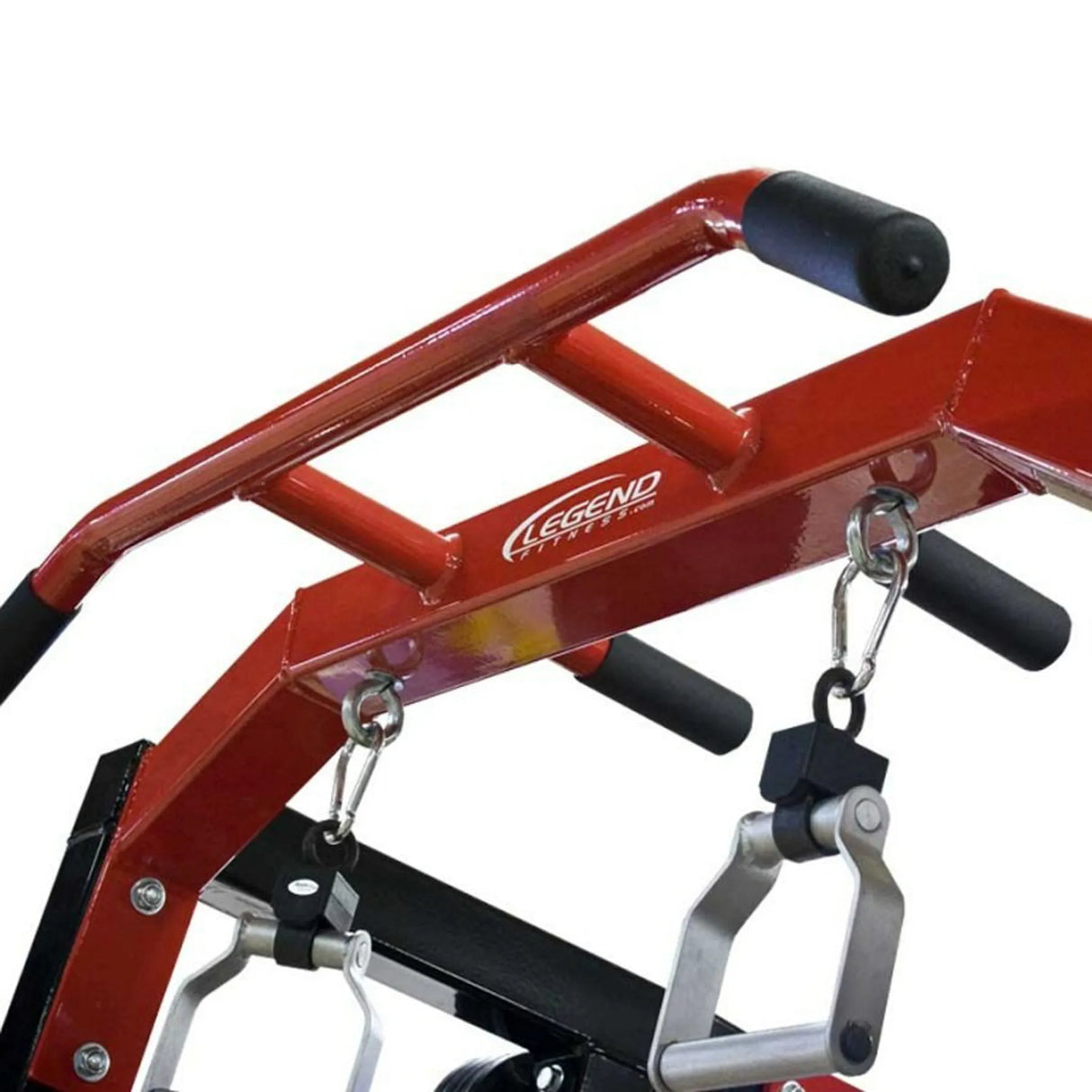 Metal pull-up handles hanging from a squat rack pull-up bar