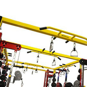 Metal pull-up handles hanging from a squat rack pull-up bar