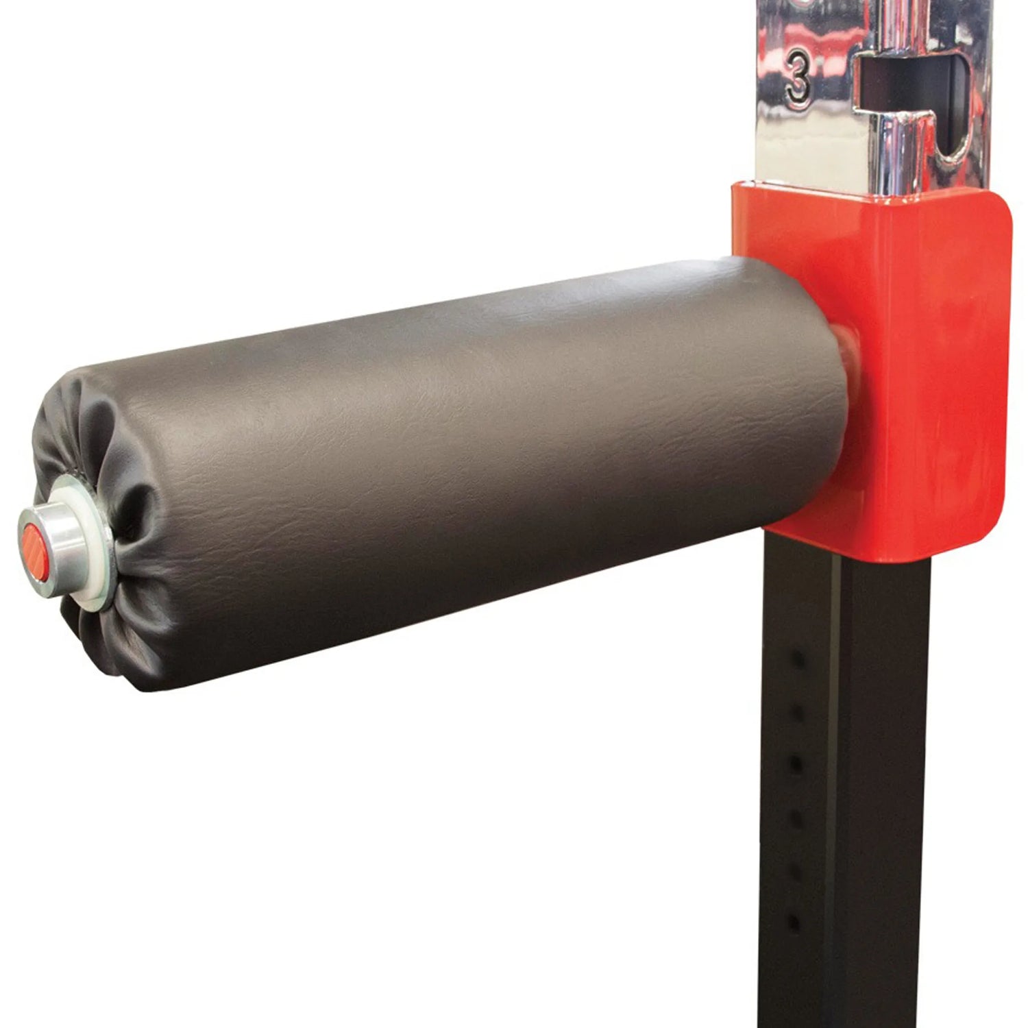 A black leg roller pad mounted onto a squat rack on a white background
