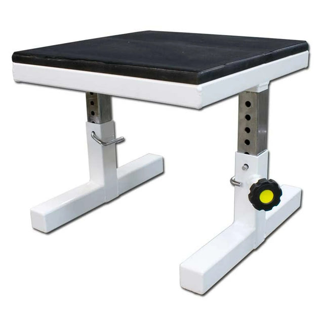 White adjustable fitness seat with black cushioned surface on a white background