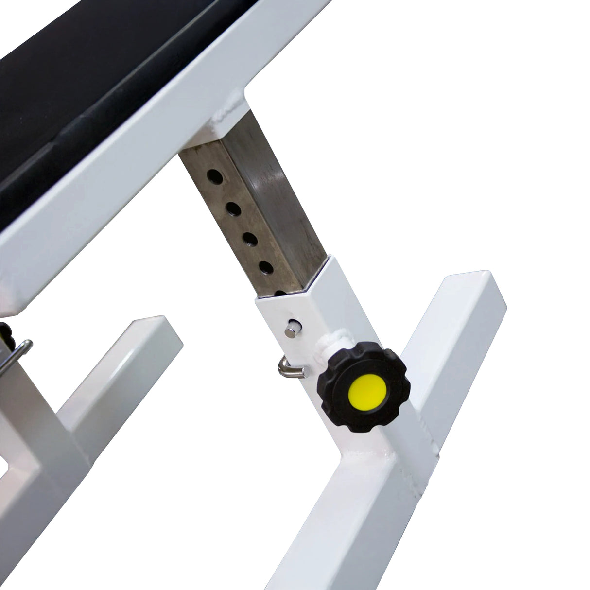Close-up of a adjustable gym bench with a focus on the height adjustment mechanism.