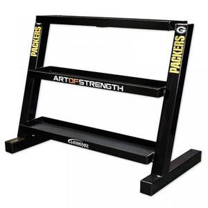 The Legend Fitness 3257 Short 2-Tier Kettlebell Rack is a sturdy, angled black metal rack by Legend Fitness with ample storage space and iconic branding on its frame.