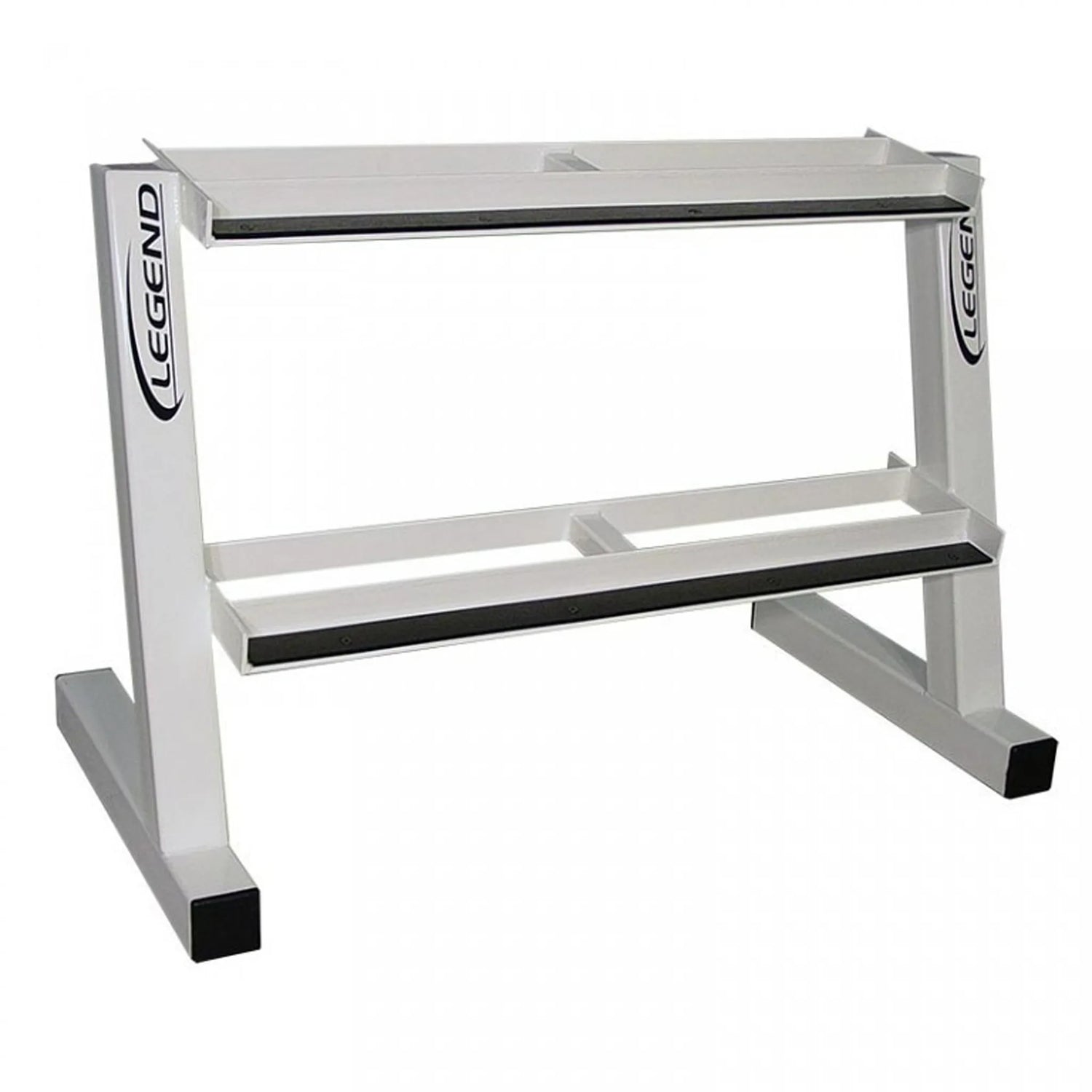 White dumbbell rack with two shelves on a white background