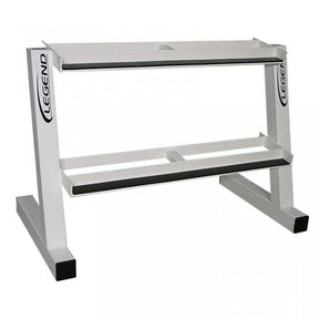 White dumbbell rack with two shelves on a white background