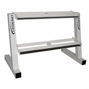 White dumbbell rack with two shelves on a white background