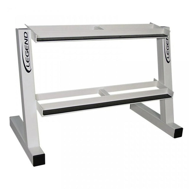 White dumbbell rack with two shelves on a white background
