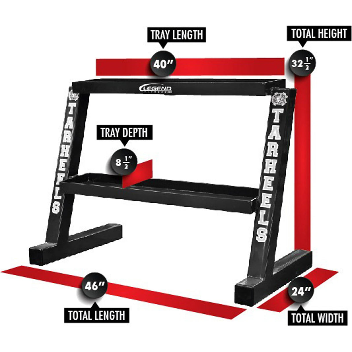 Black storage shelf with two shelves with dimension labels and red markings
