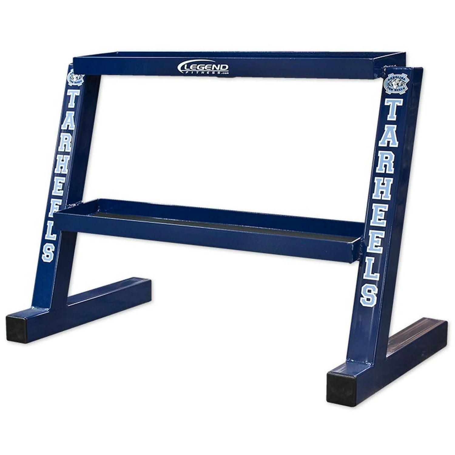 Blue two-shelf kettlebell storage rack with 'Tarheels' branding