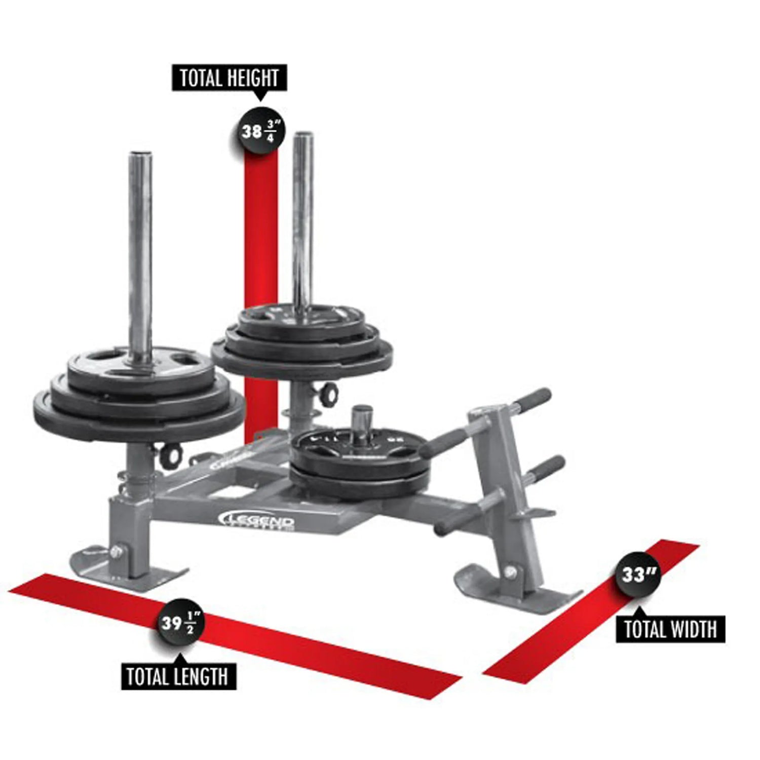 A gray fitness sled with black weight plates on it in a gym setting With red measurement labels and dimensions