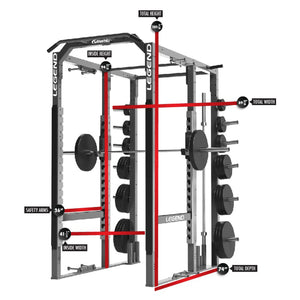 Legend power rack with weight plates on a white background with dimensions