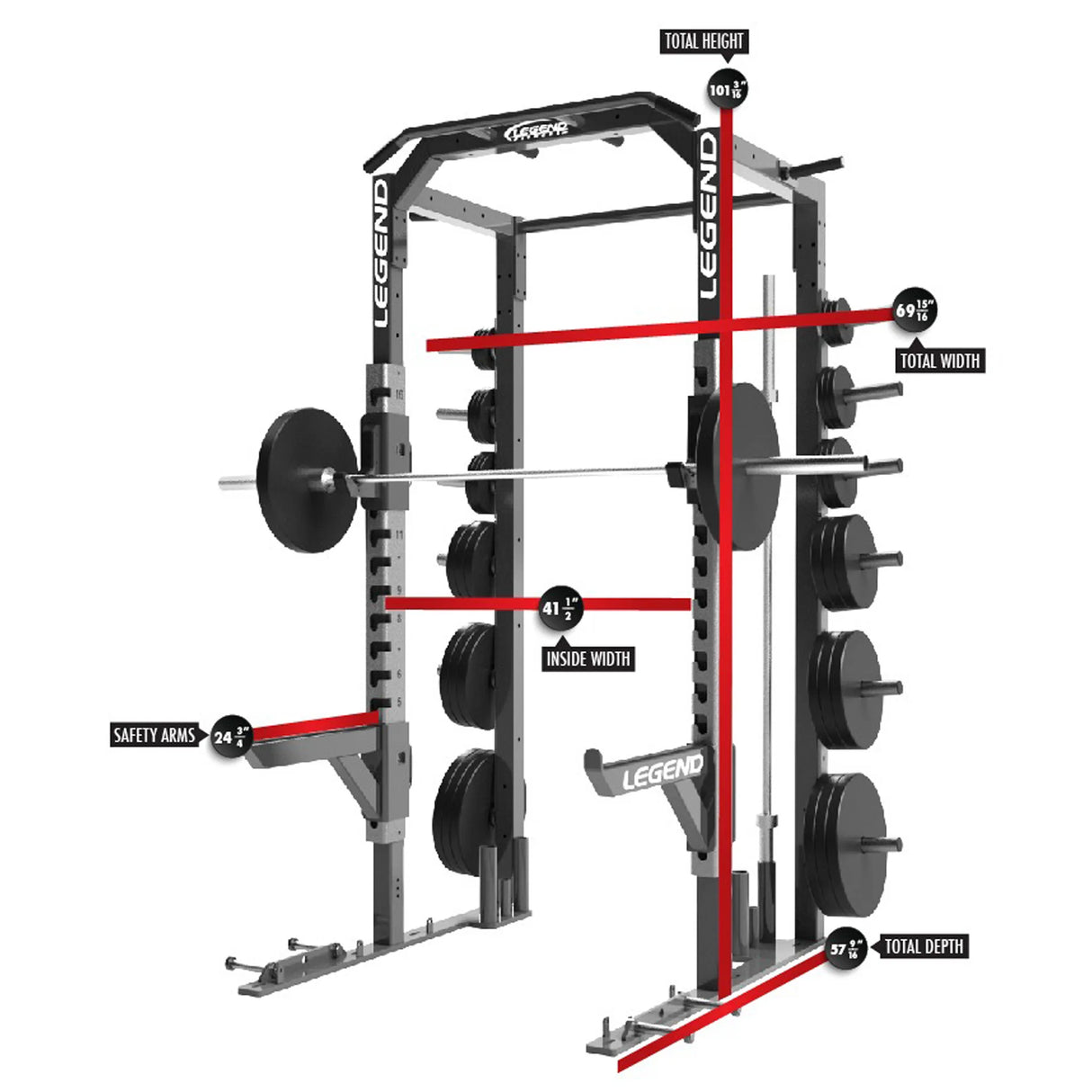 Legend fitness half rack with weight plates on a white background with dimensions