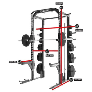 Legend fitness half rack with weight plates on a white background with dimensions