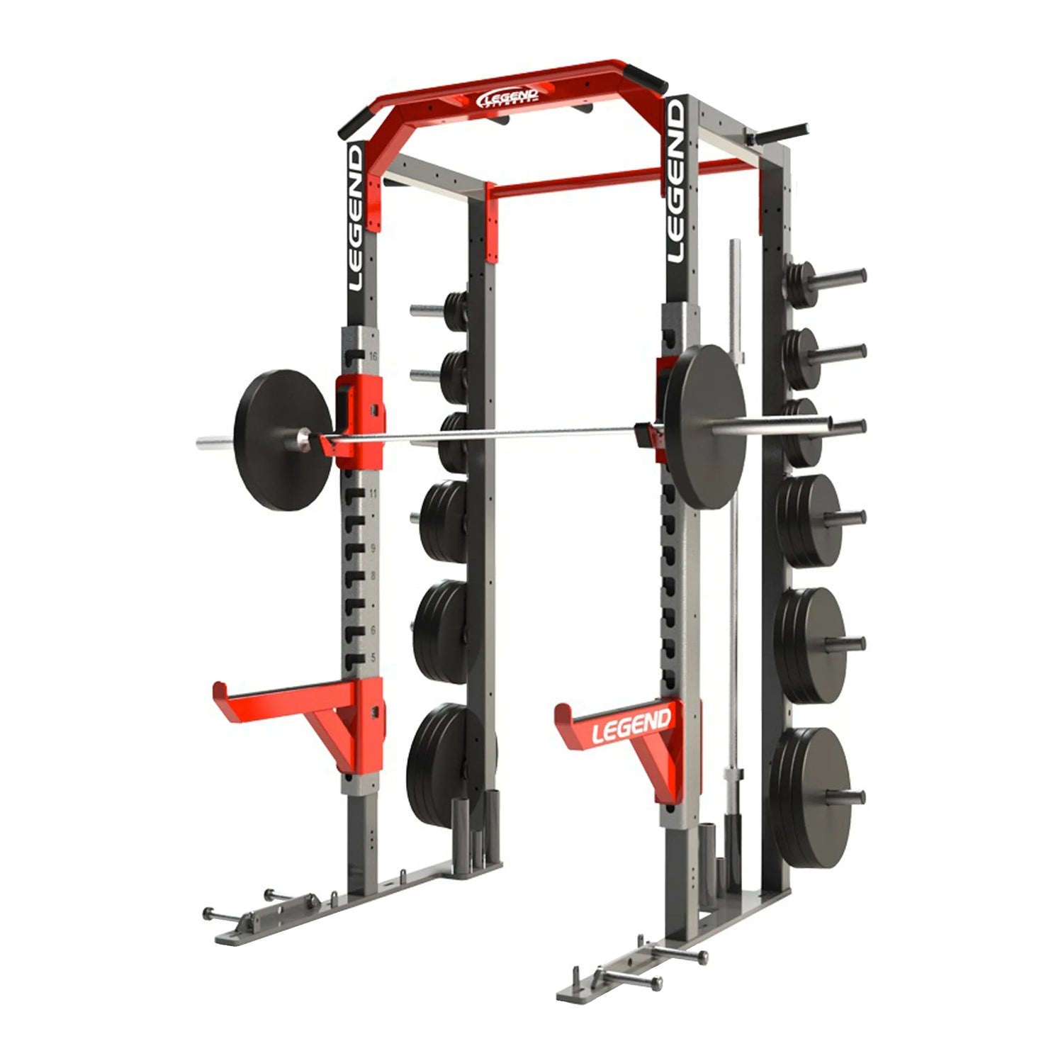 Legend fitness half rack with weight plates on a white background