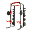 Legend fitness half rack with weight plates on a white background