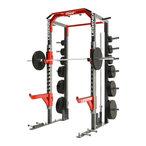 Legend fitness half rack with weight plates on a white background