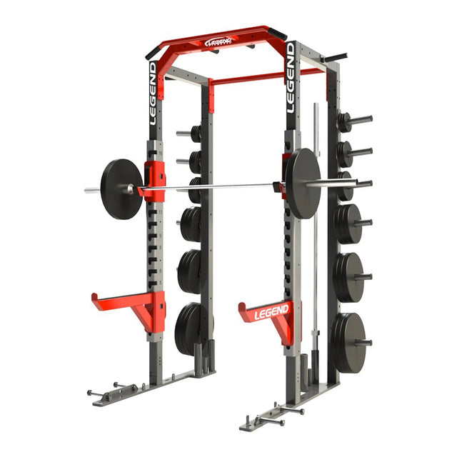 Legend fitness half rack with weight plates on a white background