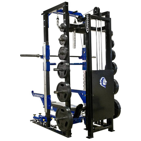 Gym power rack with Legend Fitness branding on a white background