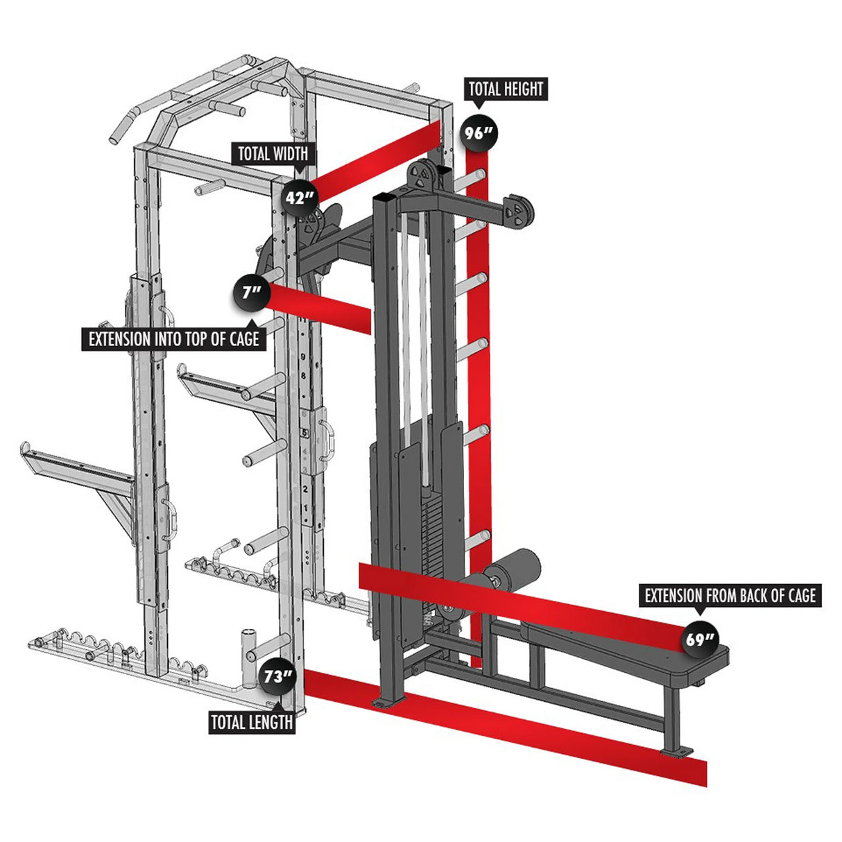 Red Legend Fitness lat pulldown low row attachment mounted to the rear of a Legend Fitness rack with dimensions