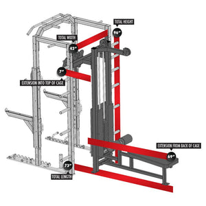 Red Legend Fitness lat pulldown low row attachment mounted to the rear of a Legend Fitness rack with dimensions