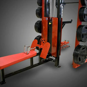 Orange weightlifting bench with weight plates on a gray background