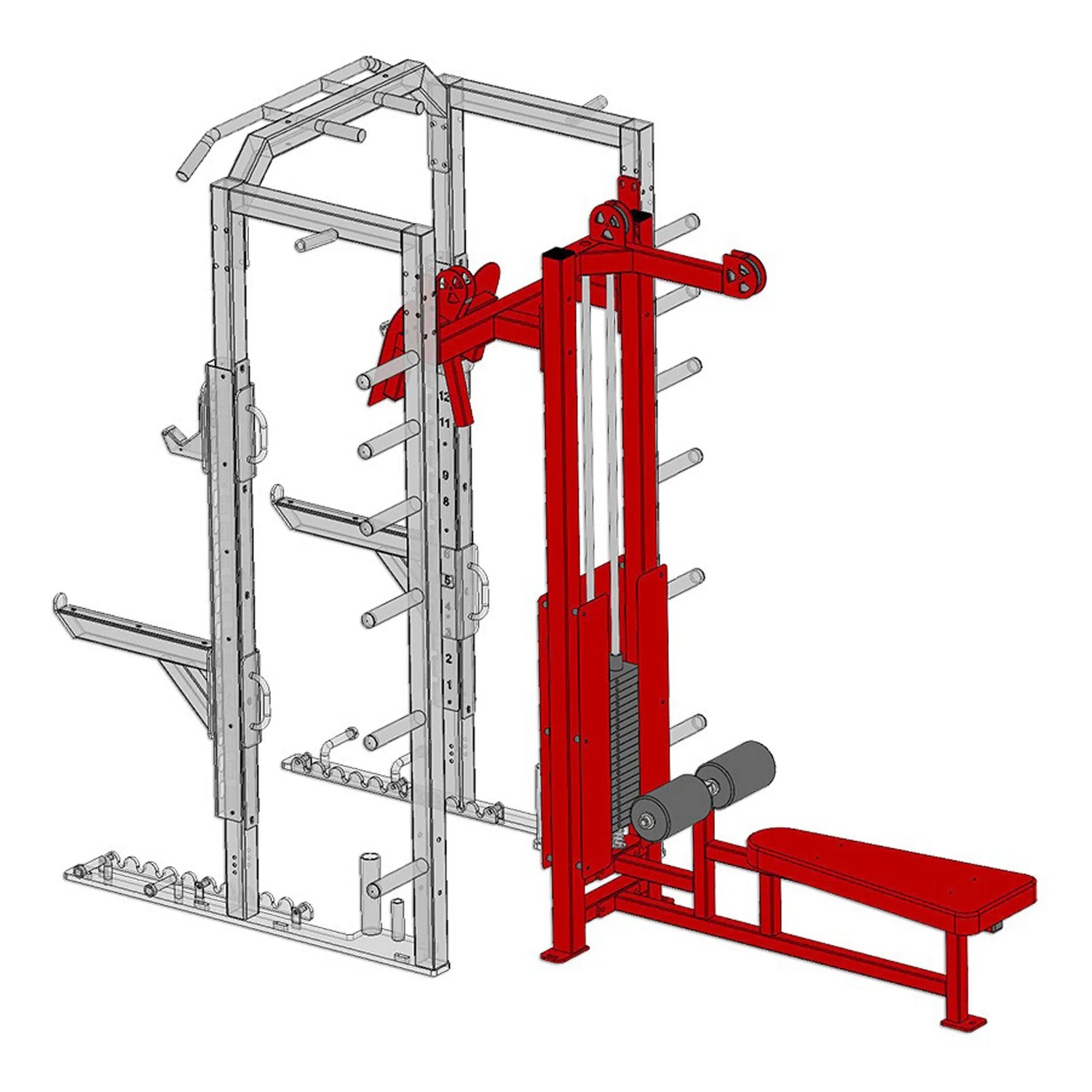 Red Legend Fitness lat pulldown low row attachment mounted to the rear of a Legend Fitness rack