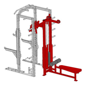 Red Legend Fitness lat pulldown low row attachment mounted to the rear of a Legend Fitness rack