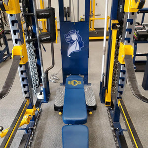 Gym equipment with UCO logo in a fitness center