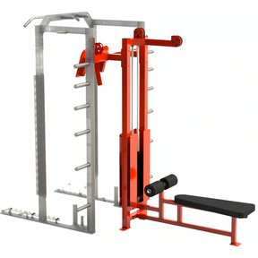 Red Legend Fitness lat pulldown low row attachment mounted to the rear of a Legend Fitness rack
