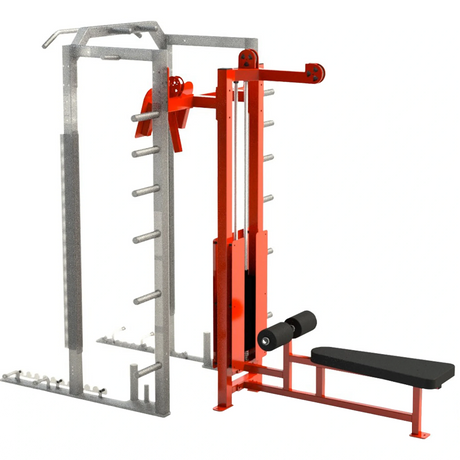 Red Legend Fitness lat pulldown low row attachment mounted to the rear of a Legend Fitness rack